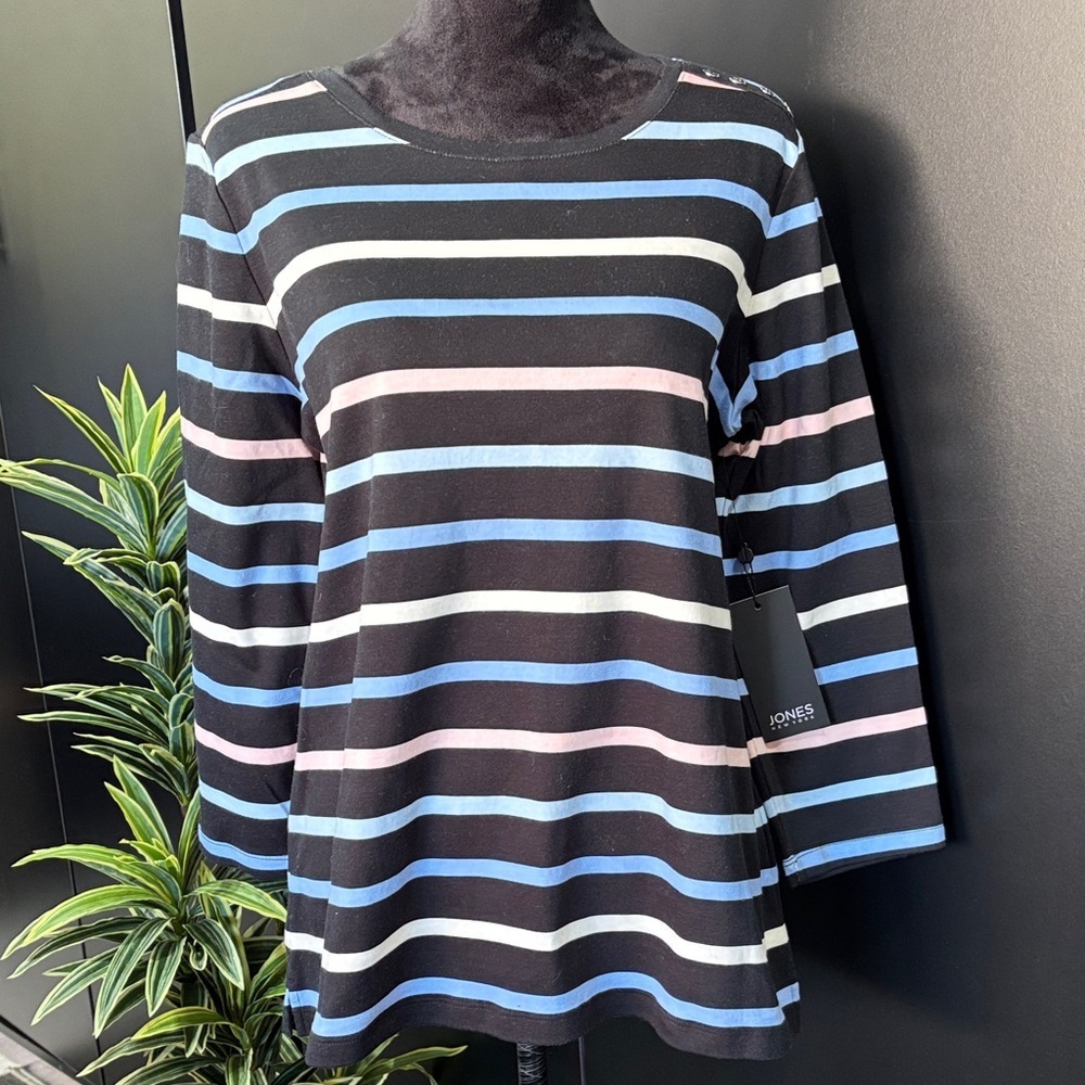 Jines NY Horizontal Stripe, boat neck,3/4 sleeve,hip length,side slits at hem
